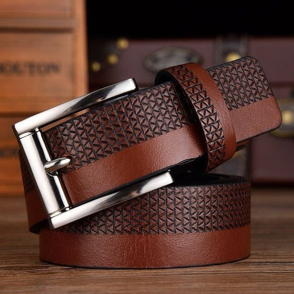 Premium Men’s Textured Tan Leather Belt – Geometric Embossed Design